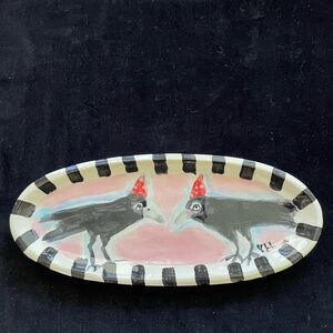 Handmade Ceramic Serving Tray” Crows On Pink Design 13”x5.5”Original Design